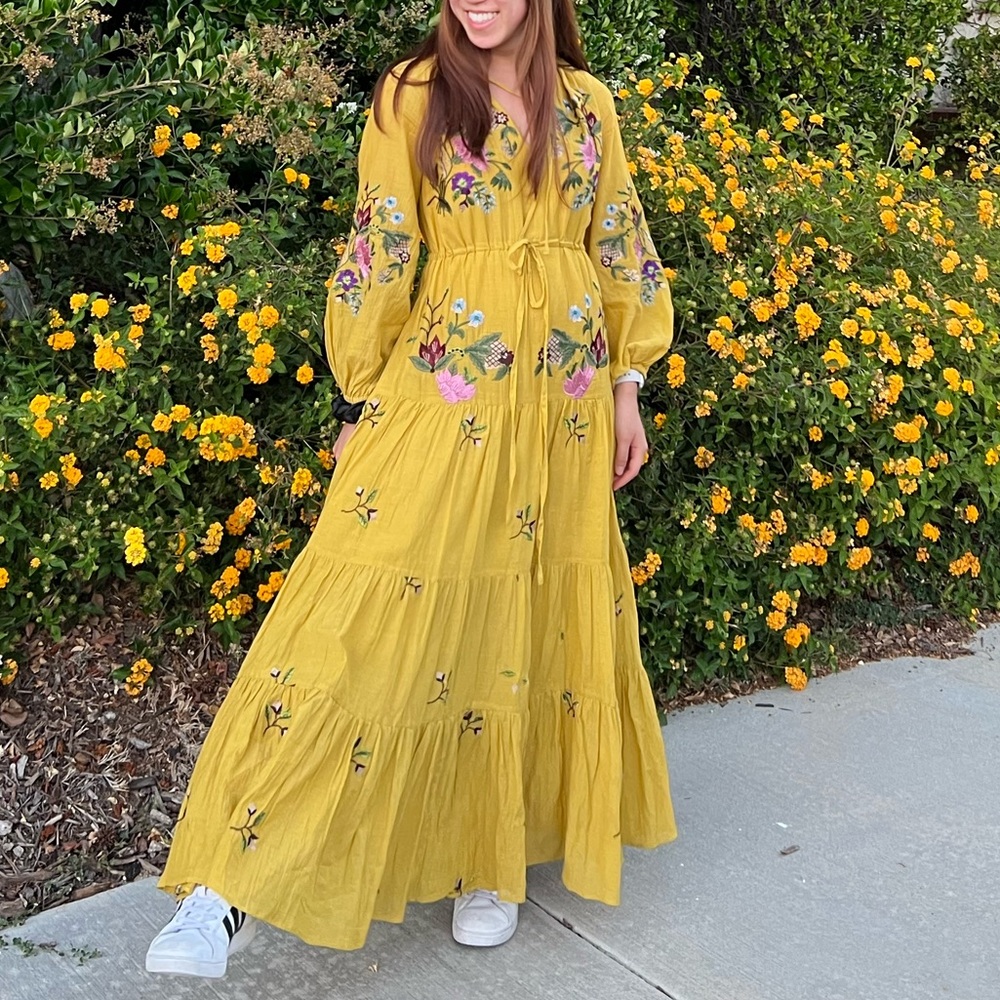 Anthropologie Embroidered V-neck Maxi Dress Gold Petite XS